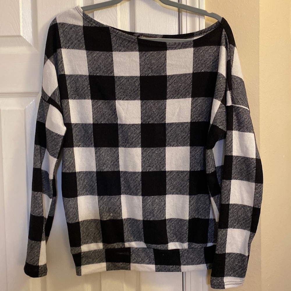 Like New, White Birch, Black & White Buffalo Plaid Sweater - Size Large
